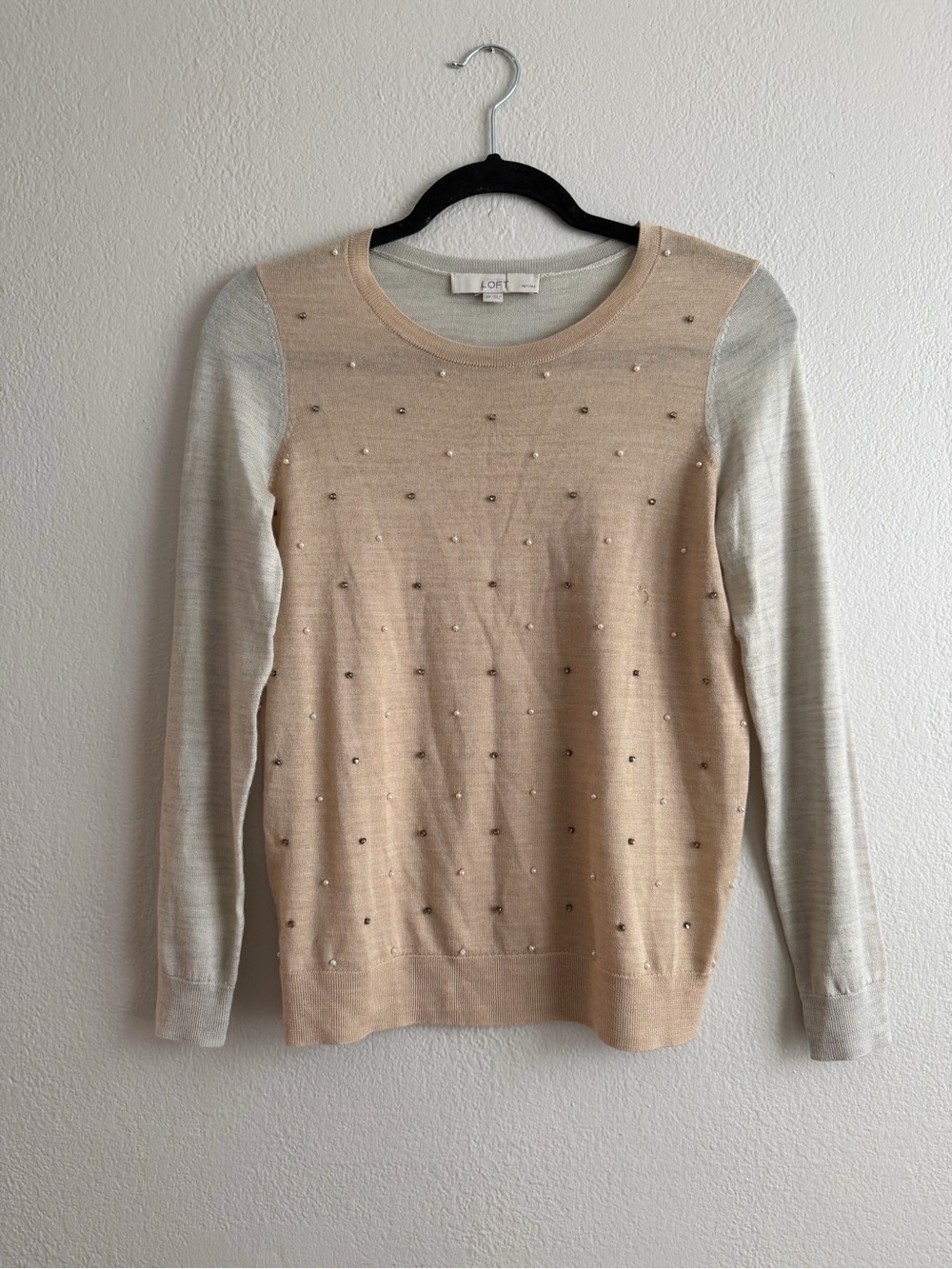 LOFT Two-Tone Beaded Crewneck Sweater in Tan and Cream